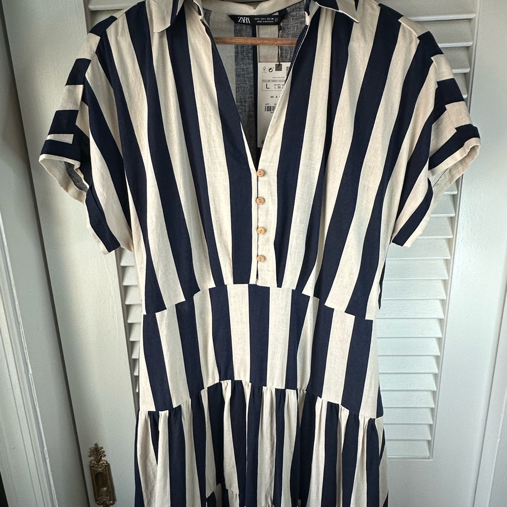 Zara Blue and Ecru Polo Collar Sundress NWT/Size Large